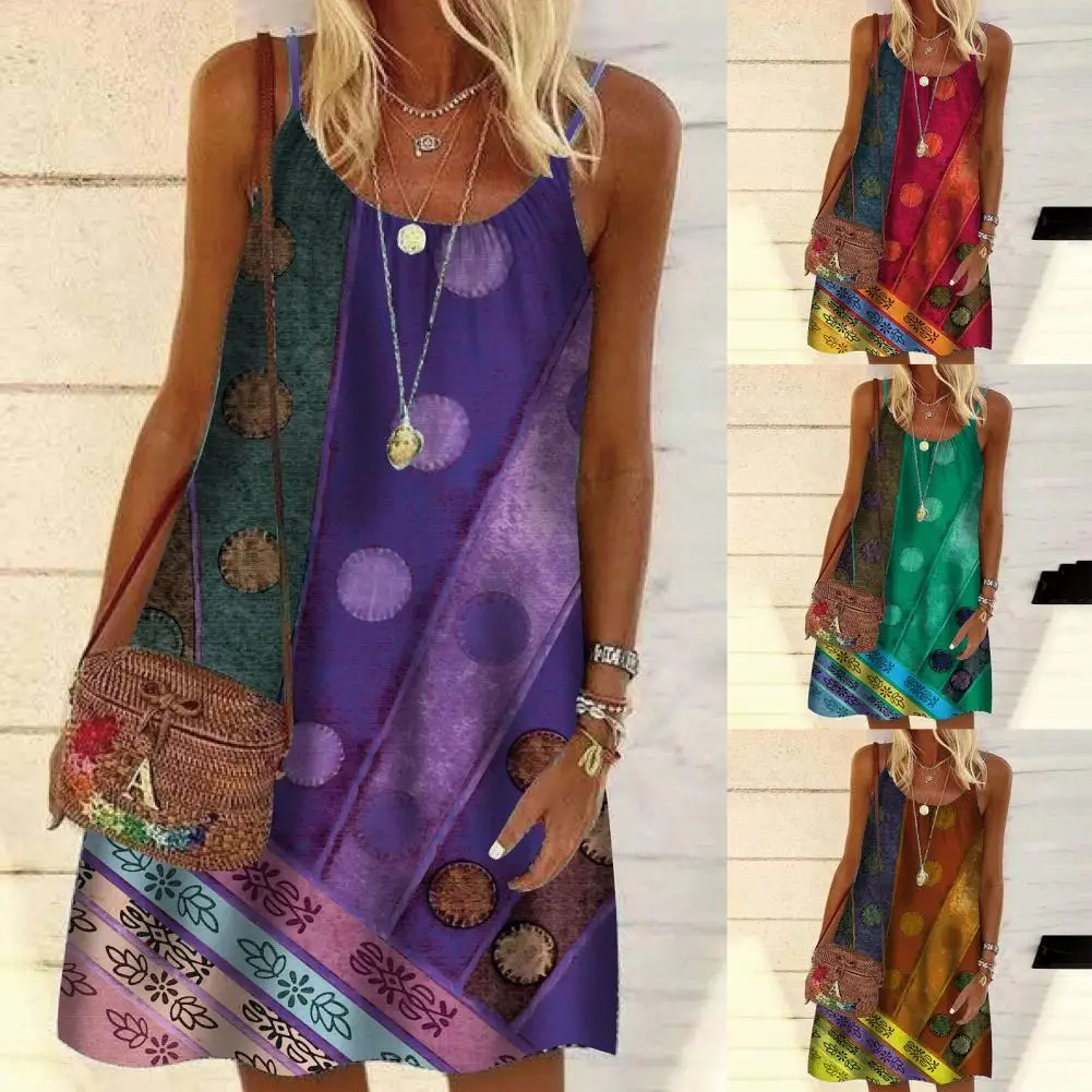 

Hot Sales!! Retro Women Sling Dress Spaghetti Straps Printed Bohemian Loose Mini Dress Streetwear for Beach