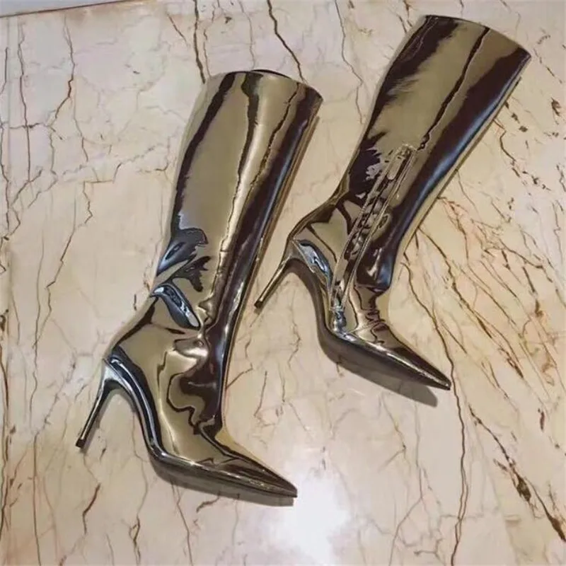 

2020 autumn and winter new women's boots star explosion models mirror leather gold silver high boots foreign trade European 3-17