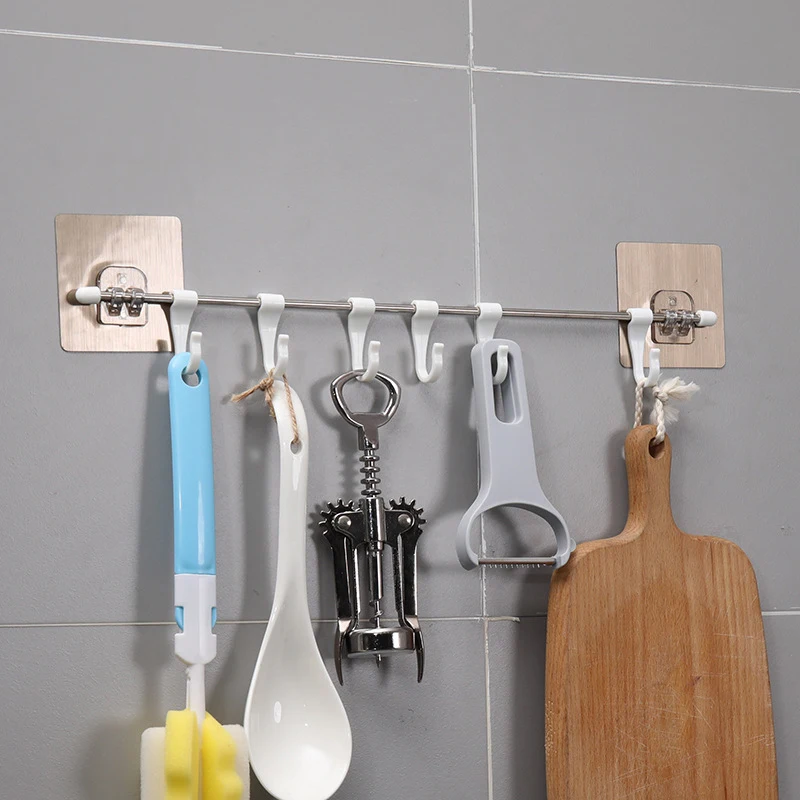

Adhesive Storage Rail with Moving 6 Hooks Wall Mounted Hanging Utensil Holder Rack for Kitchen Bathroom BDF99