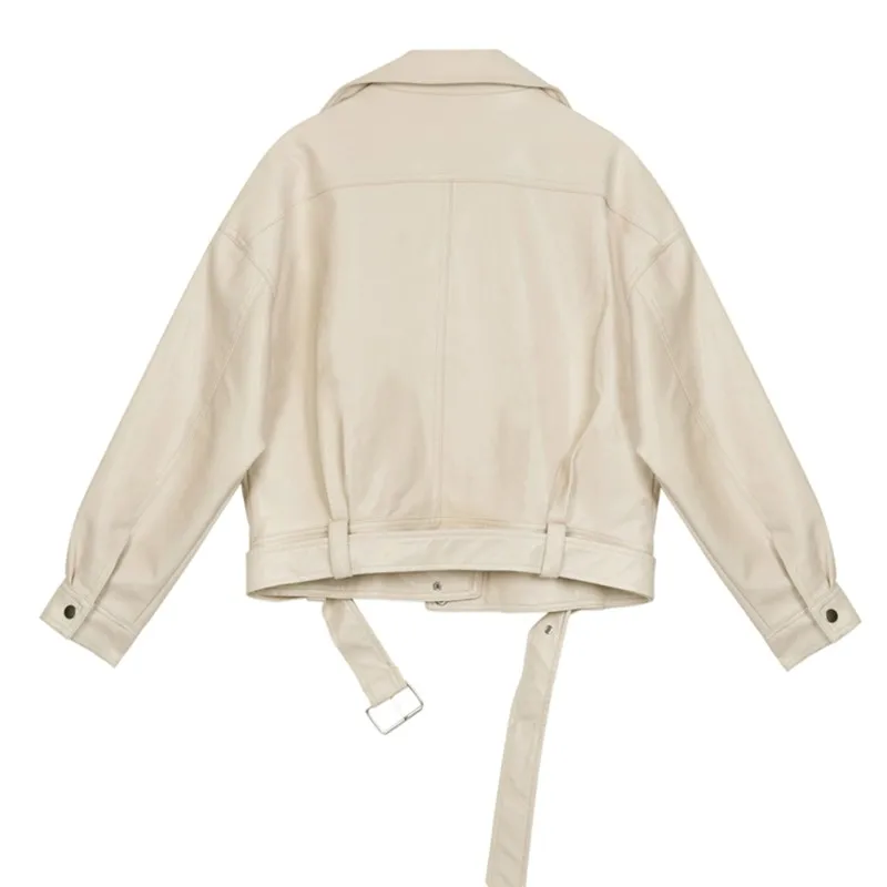 

Ailegogo 2020 Autumn Women Casual Loose Beige Pu Faux Leather Jacket Streetwear Female Turn Down Collar Black Coat Outwear