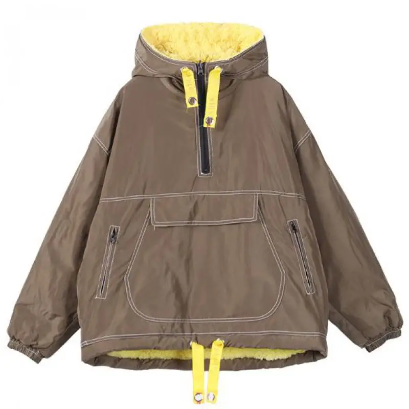 

Hooded Plush Warm Sweatshirt Women Winter Fashion Drawstring Pullover With Pockets Plus Size Loose Long Sleeve Hoodies Tops
