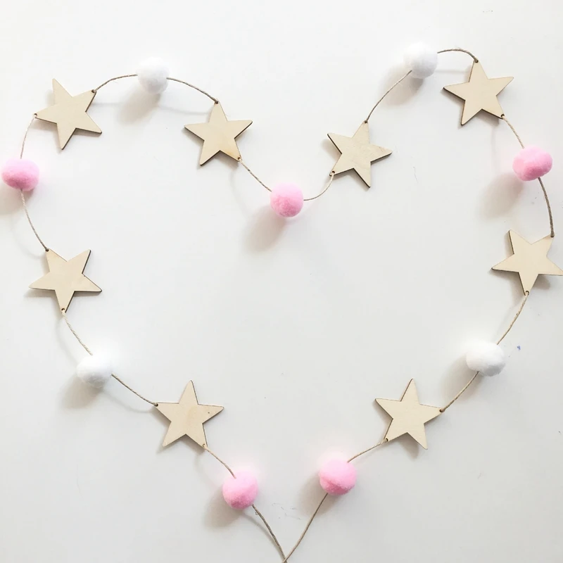 Star Hair Ball String INS Nordic Style Wooden Wool Felt Balls Stars Hanging Ornament Strings Baby Shower Wedding Home Decoration | Дом и сад
