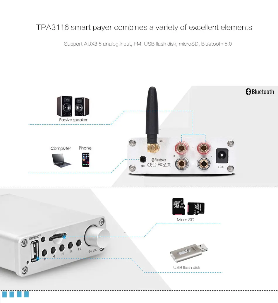 BORIZSONIC мини HiFi музыкальный плеер TPA3116 Цифровой Bluetooth 5,0 усилитель мощности u-диск/TF/AUX/FM