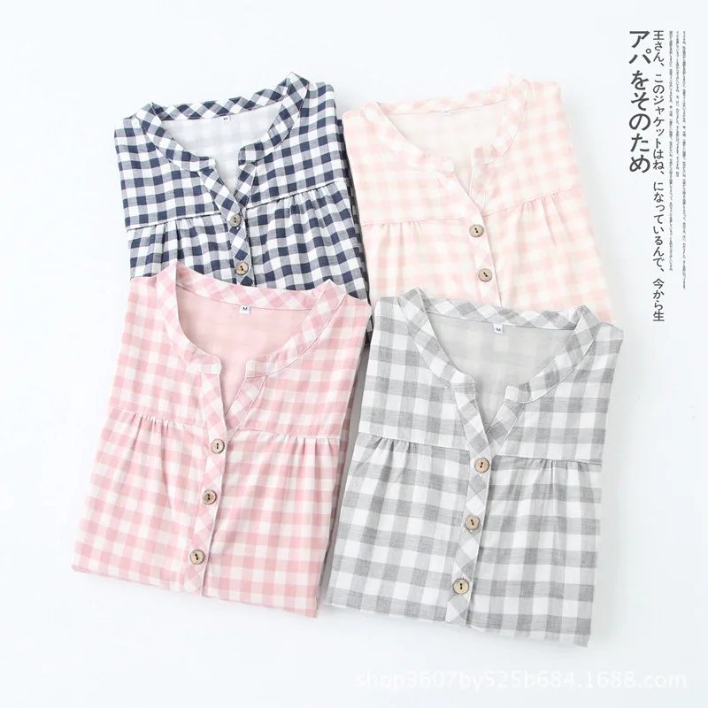 Новая клетчатая ночная рубашка с коротким рукавом двухслойная газовая Ночная