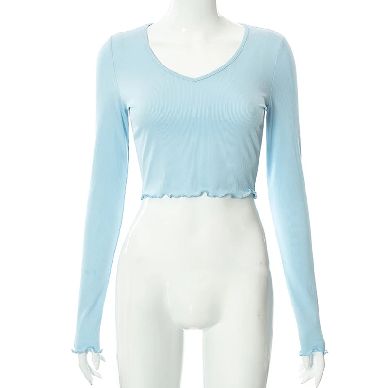

Women Cropped Tops Autumn Spring Fungus Sleeve V-Neck Korean Fashion Knitting Female T-Shirts y2k Outfit Party Casual Top