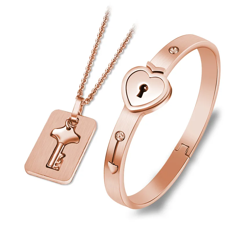 Rose Gold-Square Черный/золотой набор ювелирных изделий из нержавеющей стали, сердце, любовь, замок, браслет, ожерелье для пары, набор для женщин, циркон, свадебный подарок - Окраска металла: Rose Gold-Square