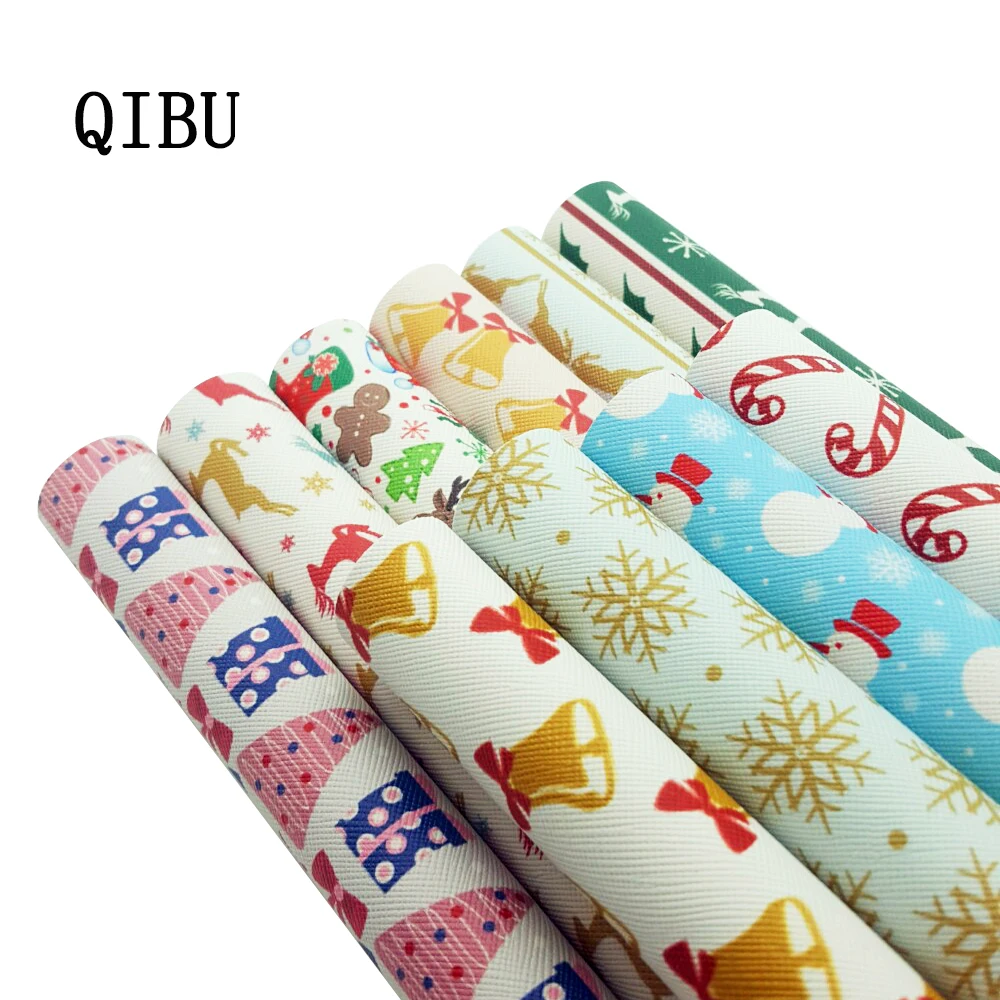 Рождественская ткань с бантом QIBU, листы из искусственной кожи с принтом, кожаная ткань, искусственная виниловая ткань, «сделай сам», мешки с бантом из синтетической кожи, 1 шт. - изображение