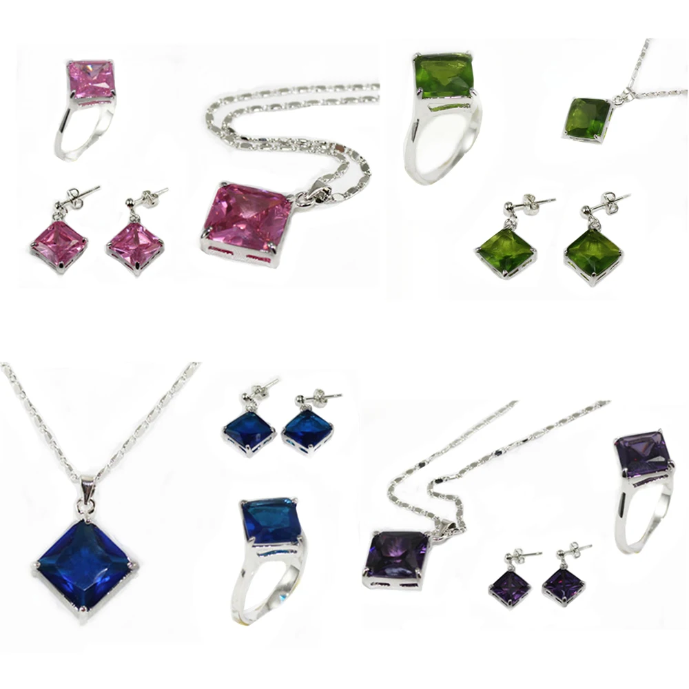 

Fashion Women Square Zircon Crystal Pendant Necklace Earrings Ring Jewelry Set Wedding Party Gifts Costume Accessories 5 Color