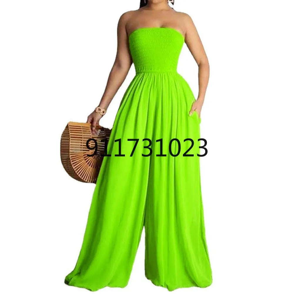 Женский комбинезон без бретелек элегантный однотонный с широкими штанинами и