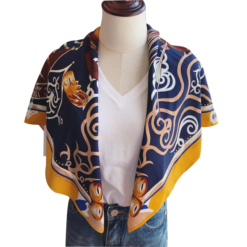

2021 Silk Scarves Women Foulard 90cm Square Head Scarf Ladies Shawl Wrap Muffler Pareo Bandanna Female Chiffon Hijab Poncho Wool