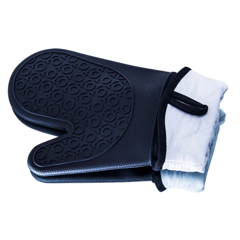 

2PCS Silicone Oven Mitts Non-slip Cotton Lining Heat-resistant Pot Holder Kitchen Oven Baking Cooking Tools (Black)