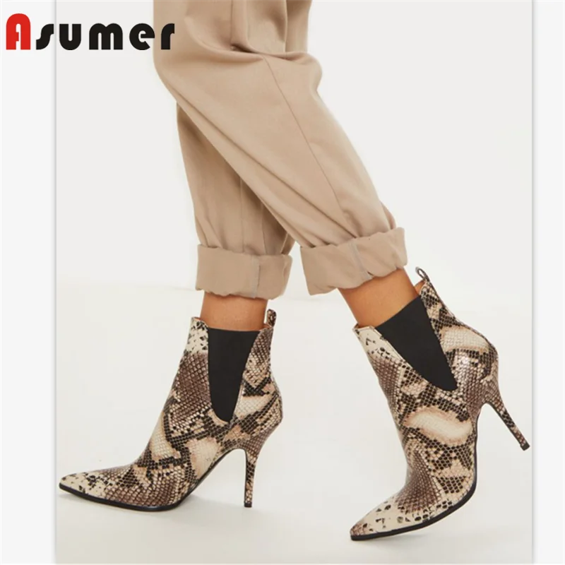 Женские ботильоны со змеиным принтом ASUMER черные ботинки на высоком каблуке