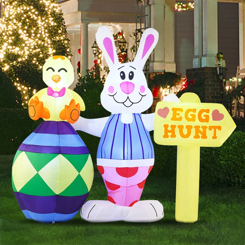 

Inflatable Easter Bunny Hen with Egg Hunt Sign Inflatable Built-in LED Blow Up Inflatable Easter Party Indoor Outdoor Decoration
