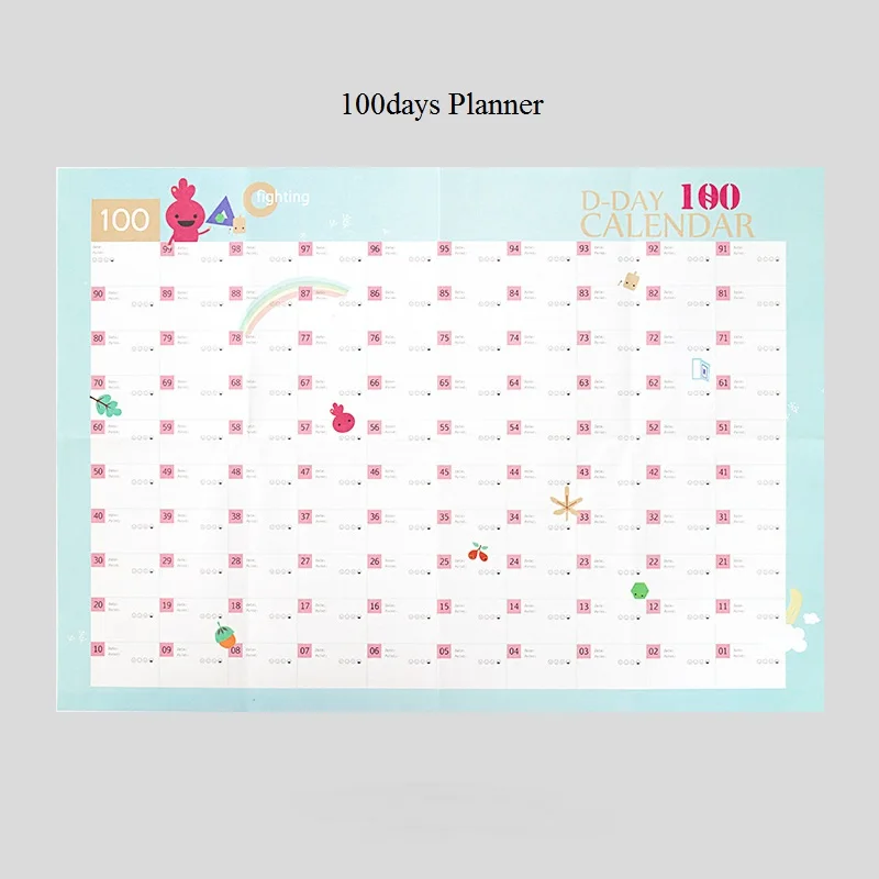 100day planner x 2pc Большой 365 дней ежедневник настенный бумажный календарь, для учебы и школы, план на год 43*58 см - Цвет: 100day planner x 2pc