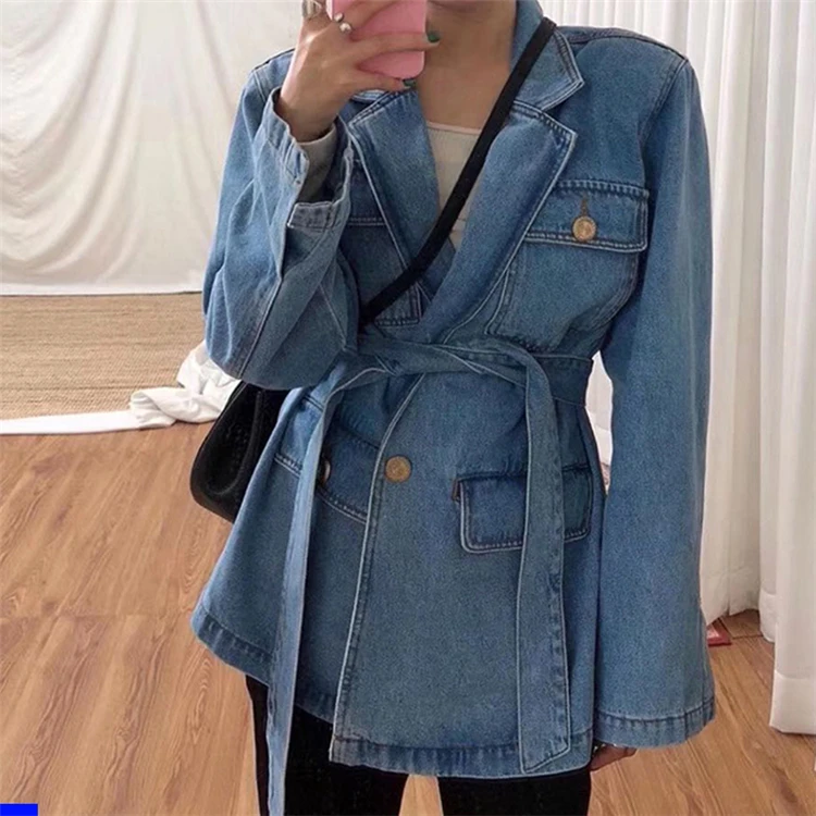 

New 2021 Spring Autumn Women's Denim Jackets Casual Turn-down Collar Pockets Sashes Wild Streetwear Jeans Tops