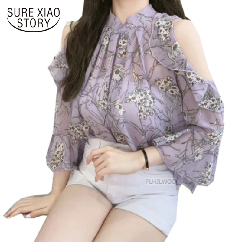 Шифоновая Блузка Рубашки женские топы корейский стиль дизайн фиолетовый черный