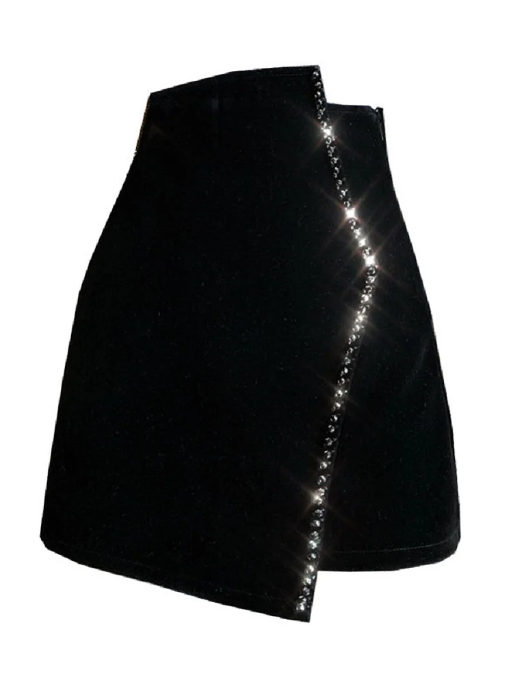 Aliexpress - Ins CHIC Europe French Irregular Velvet Hand Bead Rhinestone Woman Velour Mini Skirt High Waist Bodycon Lady Bottom Black Winter