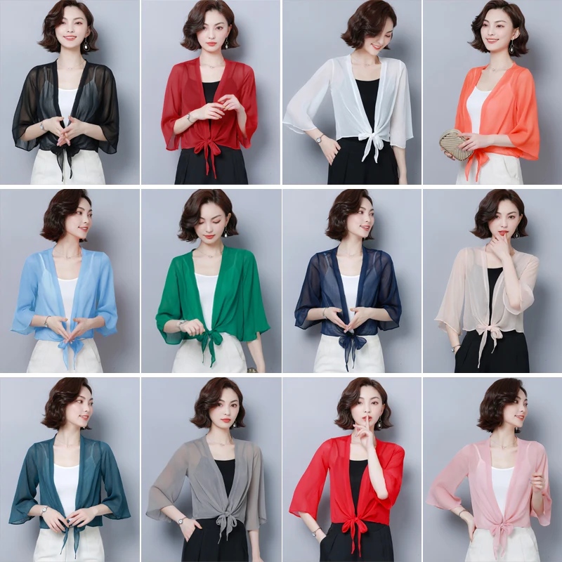 Summer Chiffon Blouses Kimono Cardigan Mesh Transparent Sunscreen Women Beach Cover Up Outwear Plus Size Bow Wrap Shirt |