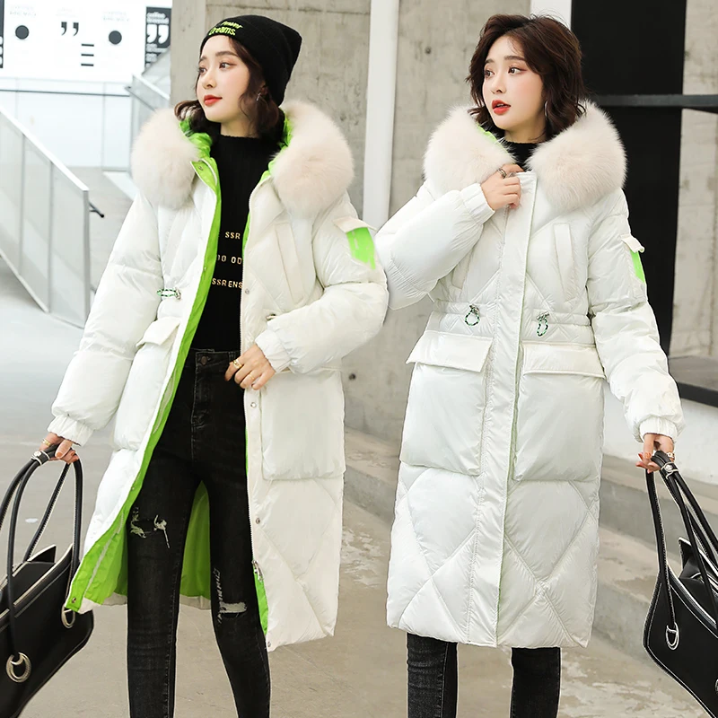 Winter Women's Mid-length Fashion Loose Down Cotton Jacket Fur Fur Collar Bright Color 2021 New Bread Jacket Zipper Yes Thick