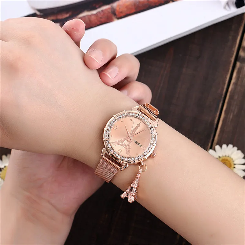 Новое поступление модные женские часы с розовым золотым сетчатым ремешком из