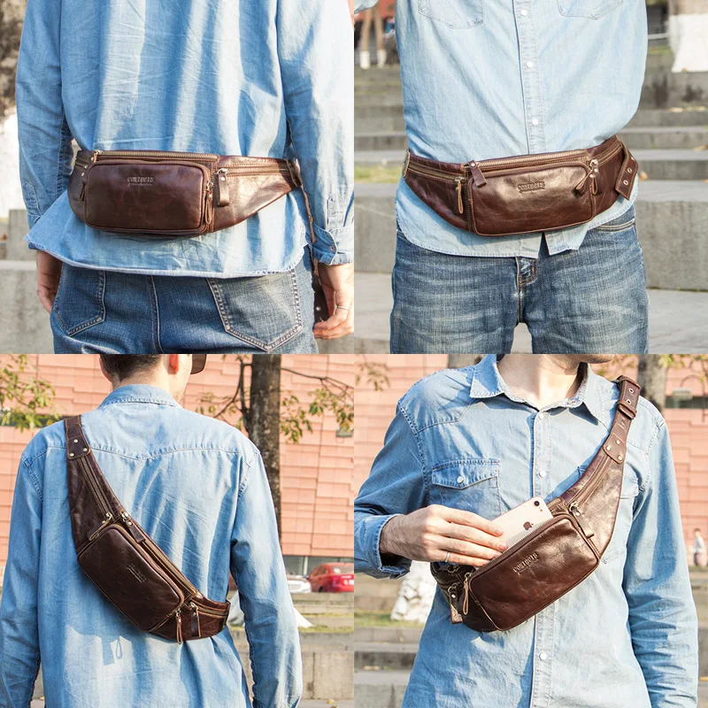 Contact's Waist packs Genuine Leather men's sports Waist bag Crossbody bags First layer cowhide mobile phone belt bag
