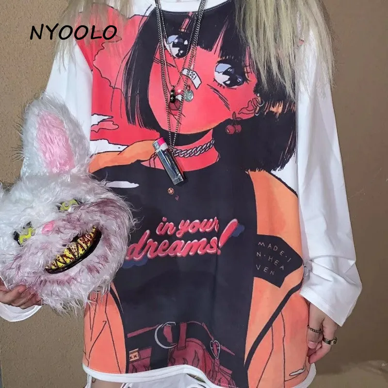 NYOOLO японский Harajuku Винтаж мультфильм аниме девушка печати футболка осень уличная свободная футболка с длинными рукавами для женщин и мужчин Топ