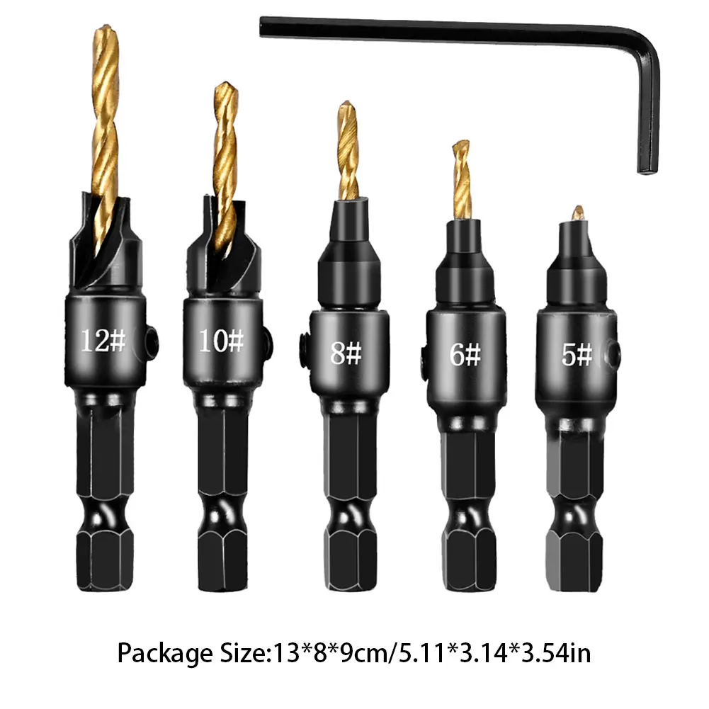 

6PCS Hex Shank Countersink Drill Screw Pilot Holes Drilling Set Kit Woodworking Bits Screw Size #5 #6 #8 #10 #12 With Wrench