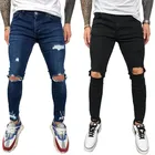 Мужские рваные джинсы до колена, черные или синие облегающие эластичные потертые повседневные брюки, 2021