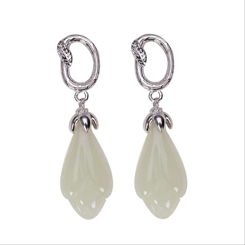 Женские серьги из серебра 925 пробы с натуральным нефритом | Украшения и