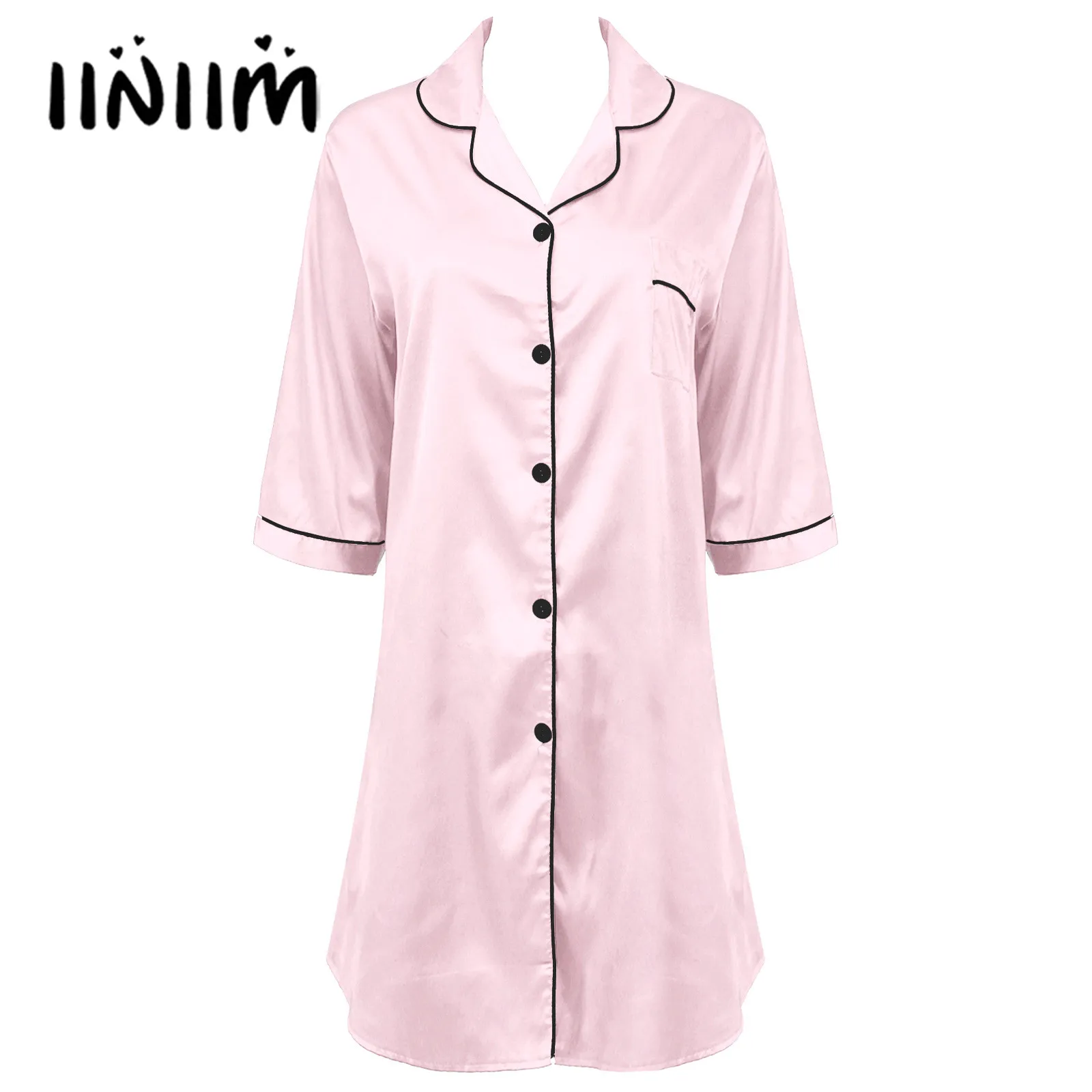 

Womens Nightgown Homewear 3/4 Sleeve Notched Lapel Satin Shirtdress Nightwear Button Down Nightdress Spring Autumn Sleepshirts