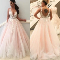 deep v neck a line evening dress 2020 prom dresses sexy backless sleeveless lace appliques see through floor length prom dress