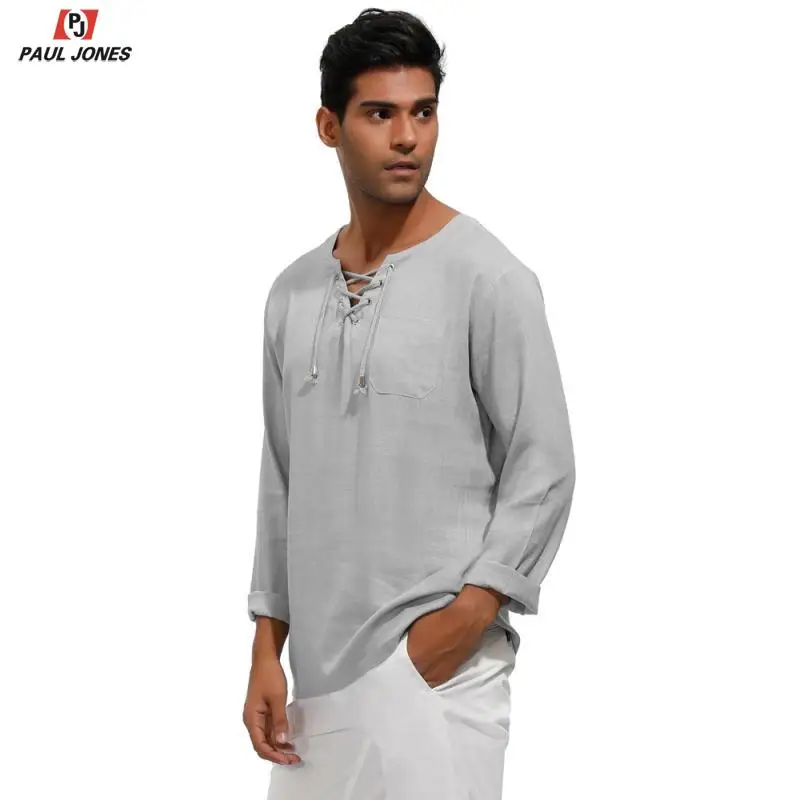 PAUL JONES Мужская рубашка на шнуровке с воротником из вискозы и льна Повседневная