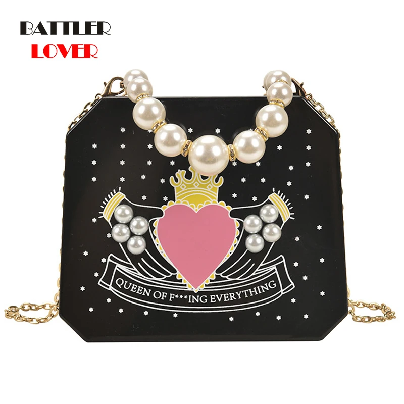 

Luxury Acrylic Design Party Women Clutch Fashion Purses And Handbags Box Style Pearl Wrist Strap Chain Shoulder Bag Wedding New