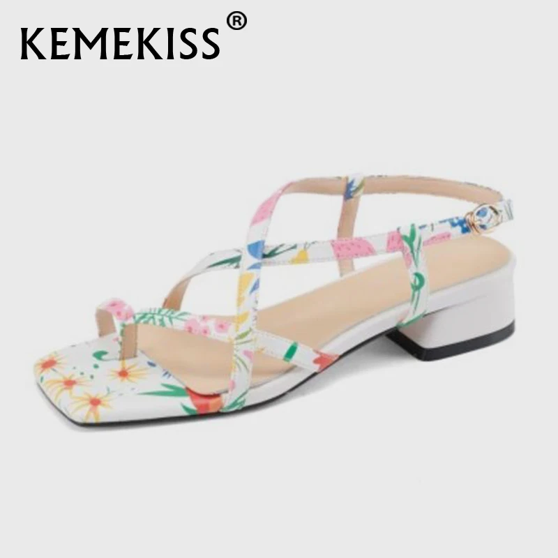 

KemeKiss/женские сандалии с квадратным носком с цветочным принтом; Летние женские туфли; Модные босоножки на плоской подошве на квадратном кабл...