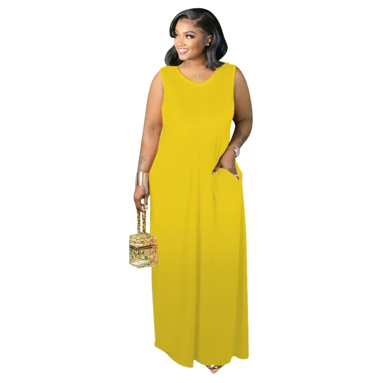 

Sexy Spaghetti Strap Women Long Dress Solid Color With Pocket Loose Summer Beach Clothes For Women