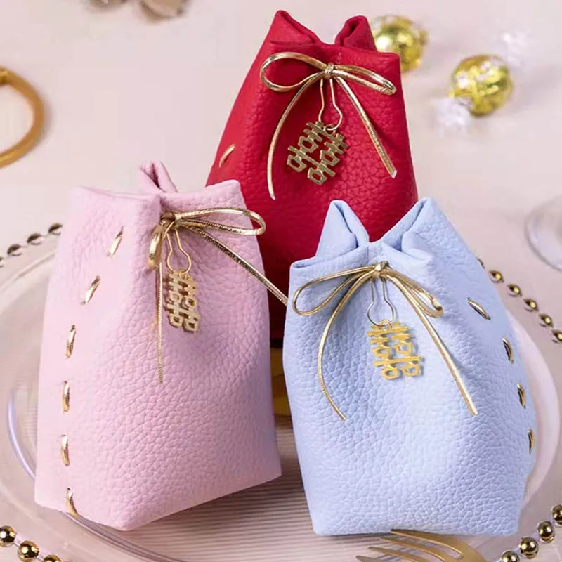 

free shipping 10pcs good quality wedding favors pink red candy bags Drawstring sugar bag leather retrun souvenir gift for guests