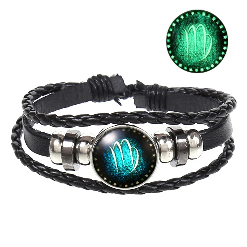 12 Созвездие светящийся знак зодиака черный плетеный кожаный браслет Рак Leo Virgo
