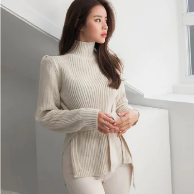 Autumn Winter Women tie belt sweater Pullover puff sleeve Sweaters Turtleneck Fashion High Elasticity Knitting Female | Женская одежда
