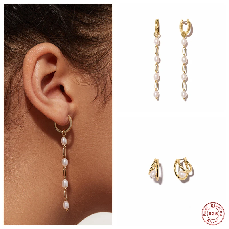 

ROMAD 925 Sterling Silver Trend Pearl Long Chain Dangle Earrings Women Double Circle Pearl Earrings Elegant Wedding Party Jewel