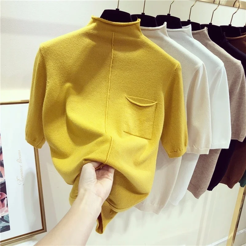 

Half sleeve tops women knitted sweater half turtleneck short sleeve pullover 9colors 2021 spring and summer new arrival