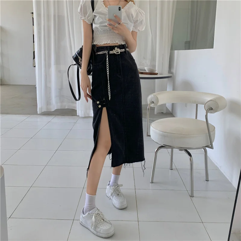 Джинсовая юбка с разрезом женская летняя средней и большой длины запахом высокой