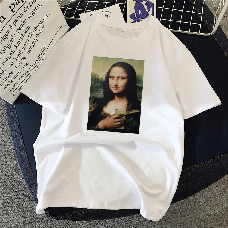 

New spoof Mona Lisa Printed T-Shirts Casual Short Sleeves Tops Female streetclothing Women aesthetics funny Tshirts