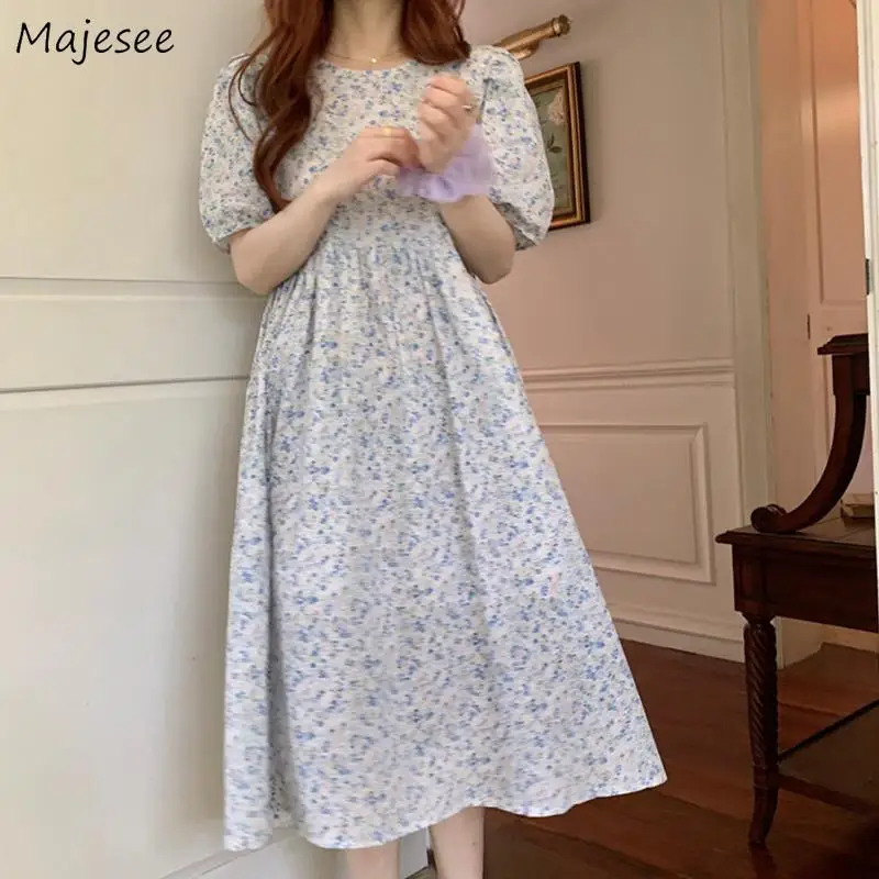 

Платье женское с пышными рукавами, S-3XL свободного кроя, с цветочным принтом, с круглым вырезом, в Корейском стиле, для студентов, уличная одеж...