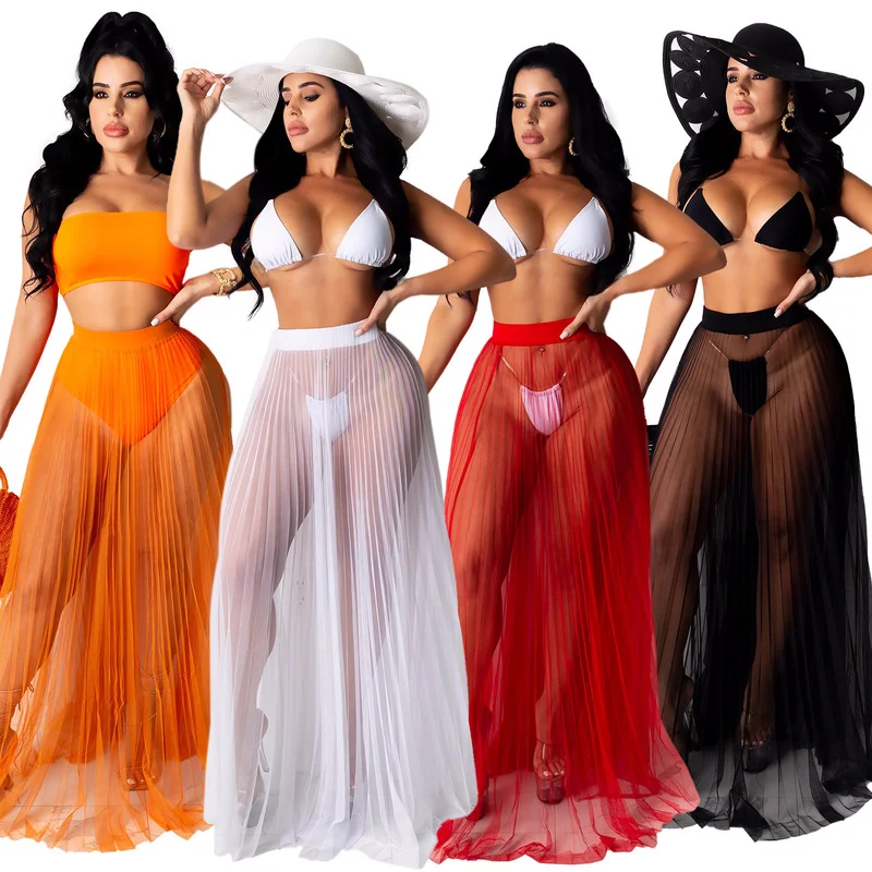 

Bohemia Sheer Mesh See Through Pleated Long Maxi Skirt Women Beachwear High-waisted Holiday Summer Skirts Fashion Party Dresses