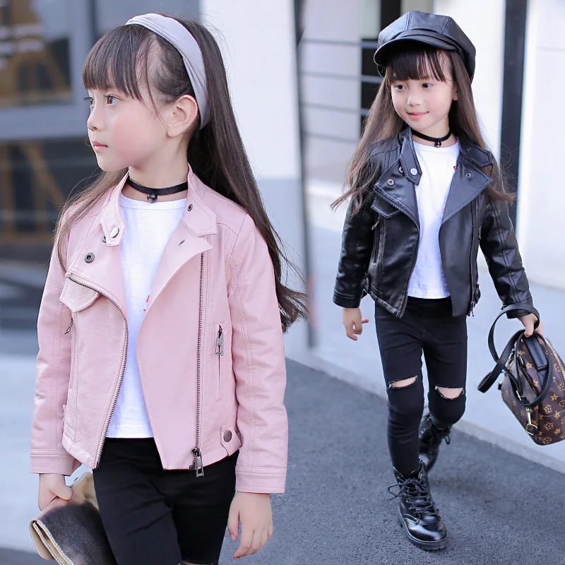 

Girls' Fashion Pu Leather Jacket Spring and Autumn 2020 Kids Korean Version Lapel Clothes Zhongda Children Zipper Leather Jacket