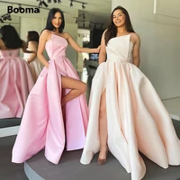 booma 2022 pink satin prom dresses strapless high side slit pleated a line party gowns with pockets long formal evening dresses