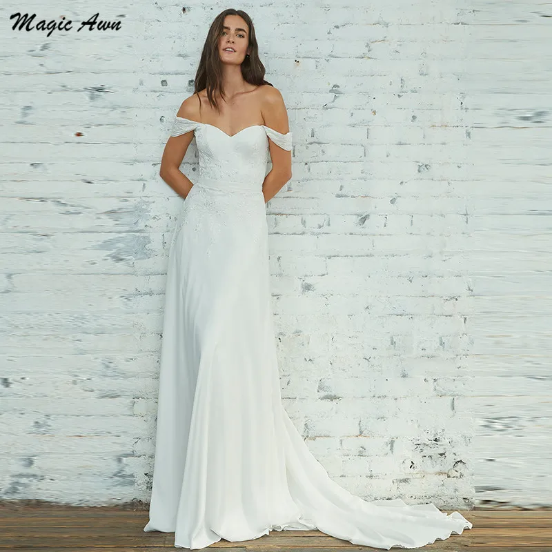 

Magic Awn 2021 Off The Shoulder Wedding Dresses Lace Appliques Bohemian Beach A-Line Mariage Gowns Customized Abito Da Sposa