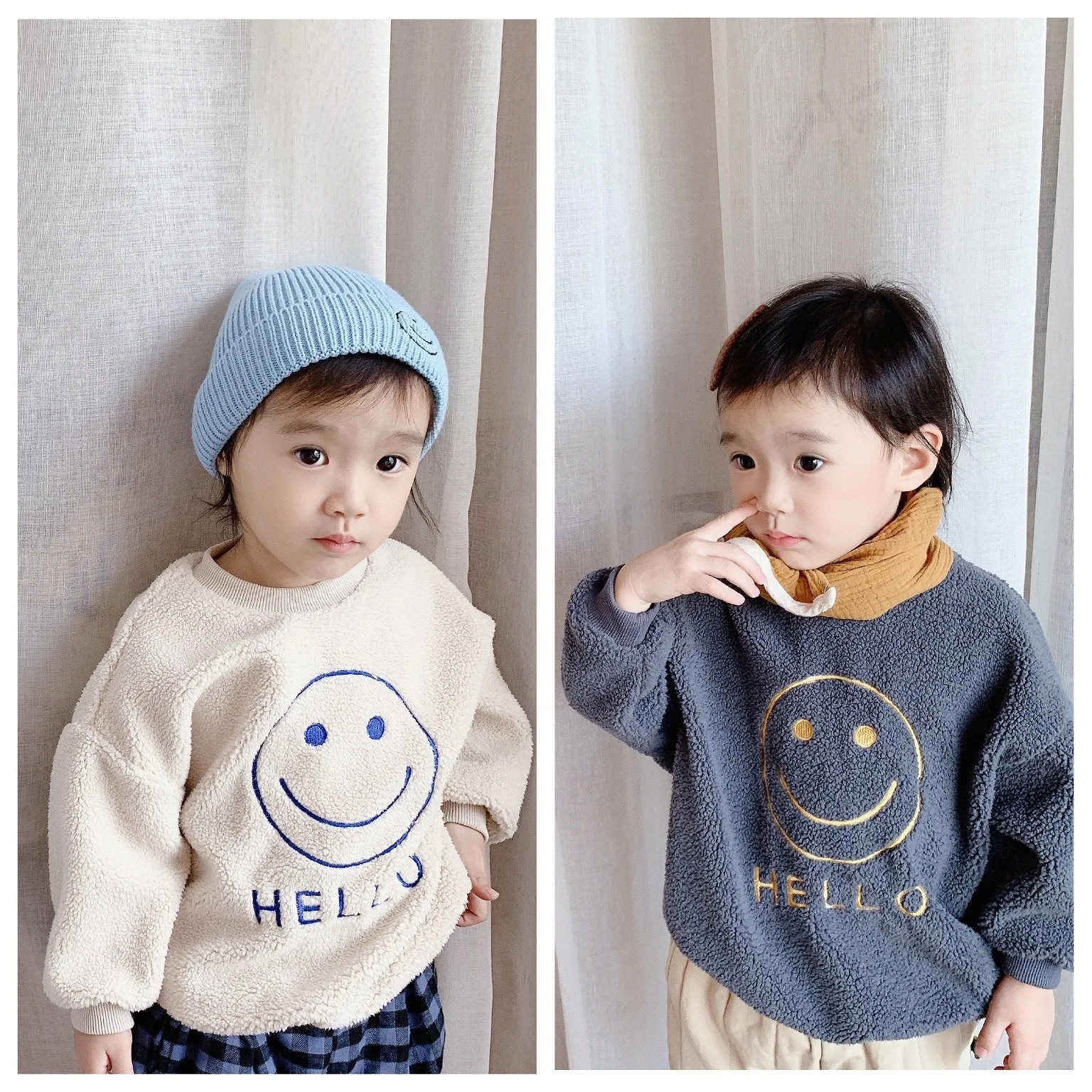 

2-7 Y Kids Sweatshirts Autumn Winter New Casual Loose Baby Hoodies Korean Smiley Embroidery Lamb Wool Pullovers For Boys Girls