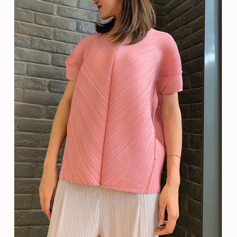 Changpleat новые женские футболки Топ Miyak плиссированный модный дизайн свободный v-образный вырез корейский стиль короткий рукав женская футболка Tide