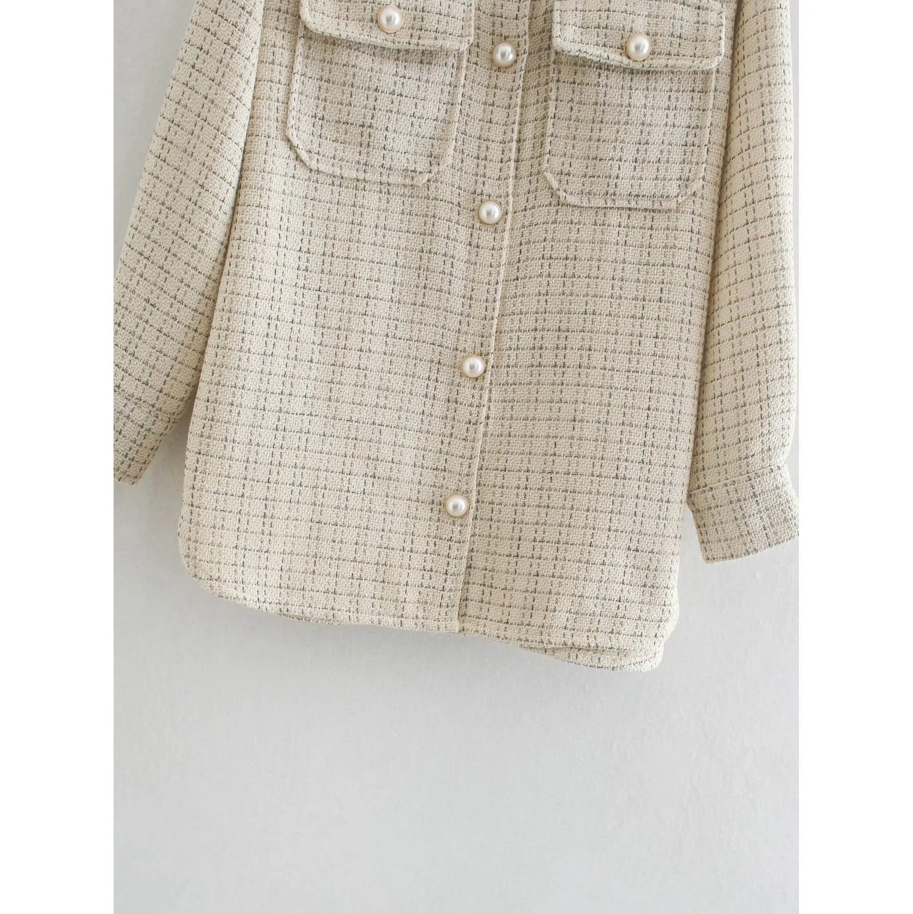 

2020 Fashion Vintage Women Ladies Thick Plaid Coat Female Streetwear Polyester Pearls Coats Elegant Girls Oversize Jacket Chic